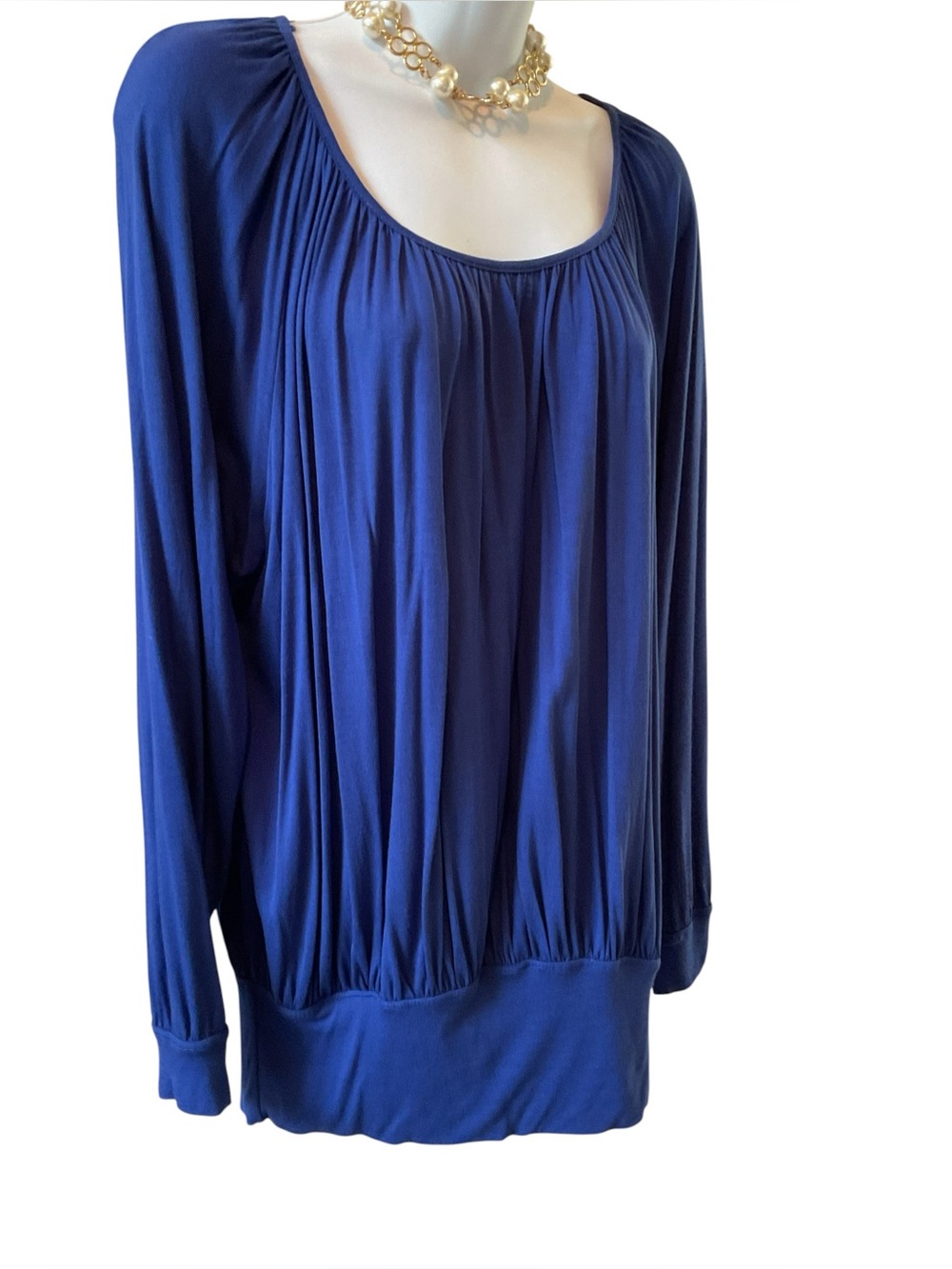 Willi Smith Deep Blue Long Sleeve Gathered Scoop Neck Top
